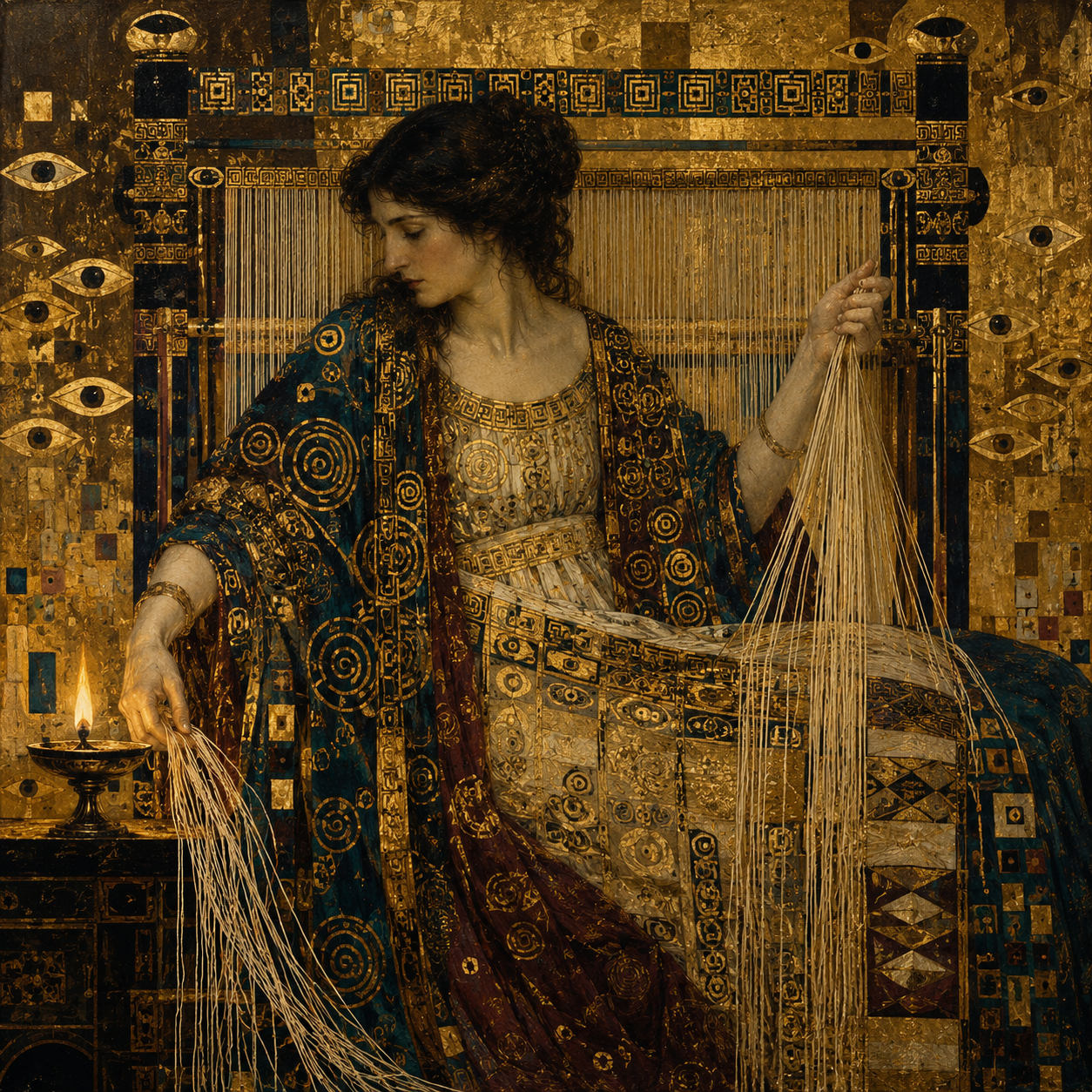 Penelope weaves at her loom by lamplight, secretly unraveling her work each night to delay the suitors