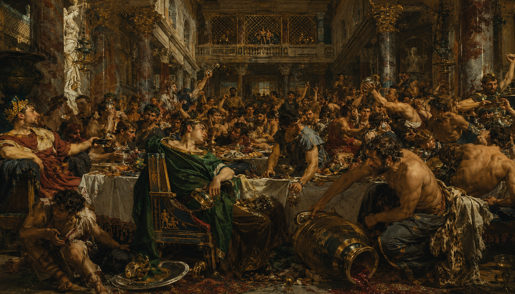 The suitors feasting recklessly in Odysseus's great hall, consuming his cattle and wine
