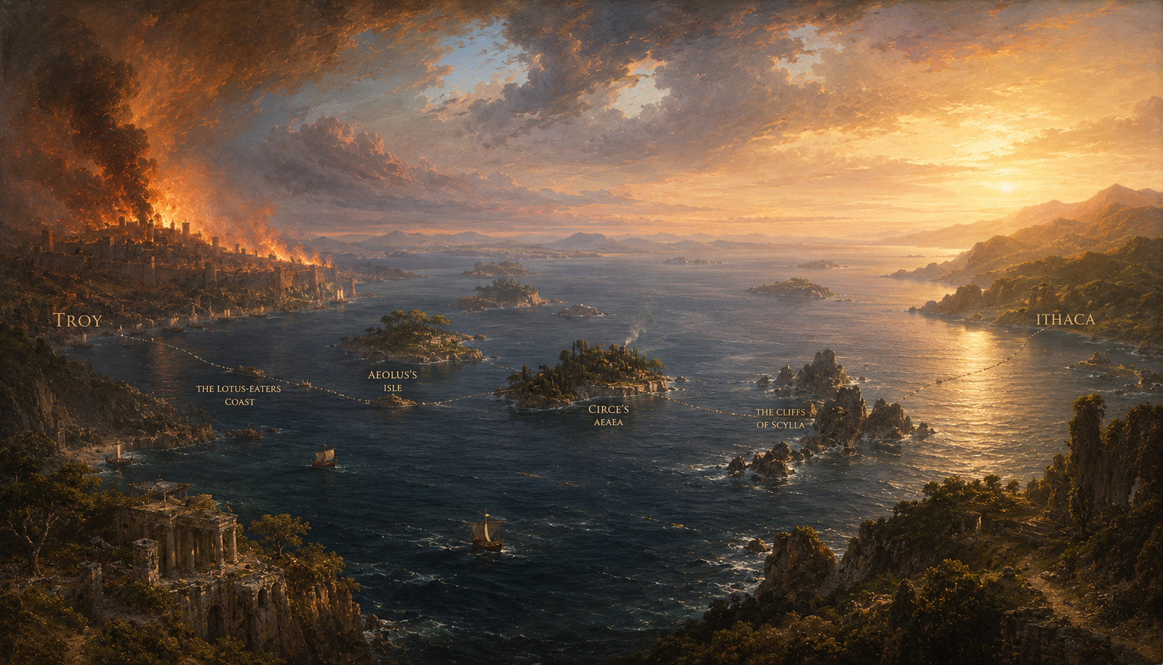 Panoramic view of the ancient Mediterranean sea route from Troy to Ithaca, tracing the full journey of Odysseus