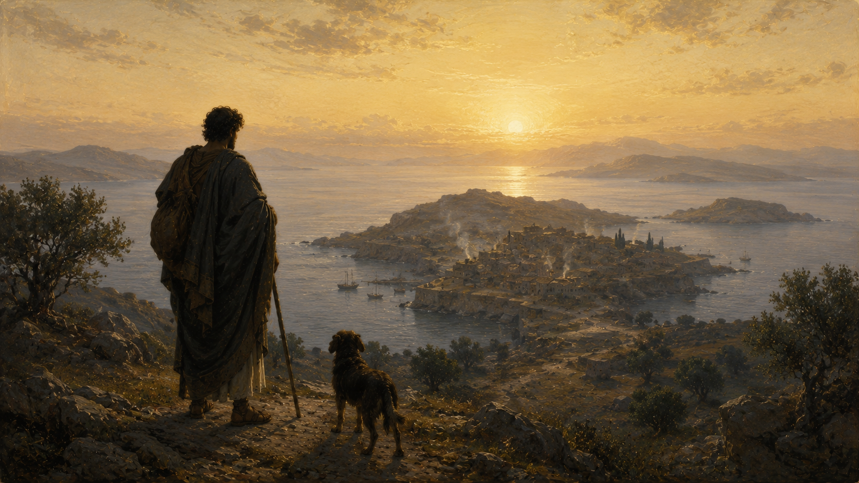 A lone figure looking down at a village by the sea